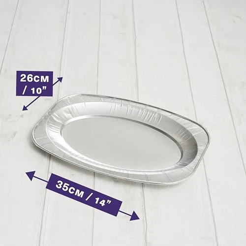 MATANA 20 Große Alu Servierplatten, 35x26cm – Einweg- & Mehrweg Serviertablett mit Hohem Rand & Extra Tiefe – Ofen- & Gefrierschrankgeeignete Buffetplatten für Partys, Weihnachten, Catering