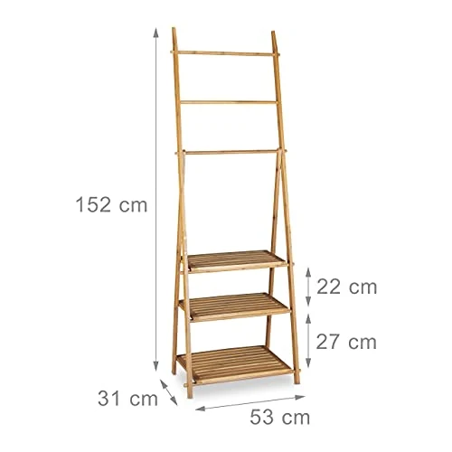 Relaxdays Handtuchhalter Bambus, Holz-Kleiderständer faltbar, 3 Ablagen, 3 Stangen, 4 Haken, HBT: 152 x 53 x 31cm, Natur