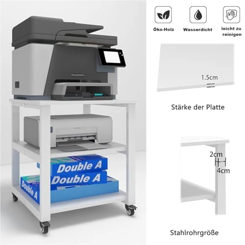 PUNCIA 3-Ebenen Druckertisch mit Rollen Druckerständer 50 x 50 x 50 cm