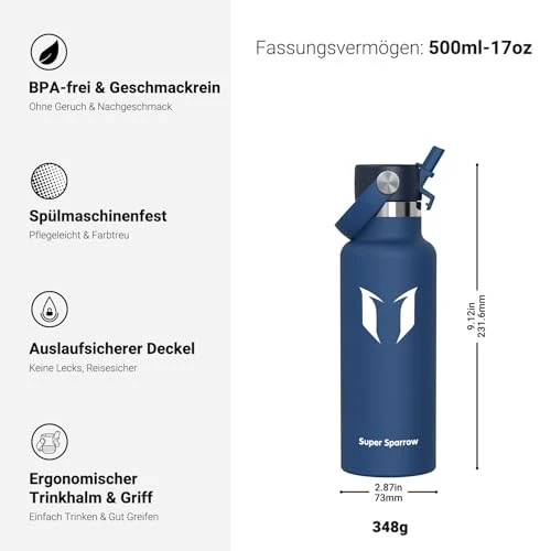 Sparrow Trinkflasche Edelstahl 500ml/750ml/1L/1.2L Thermosflasche Strohhalm