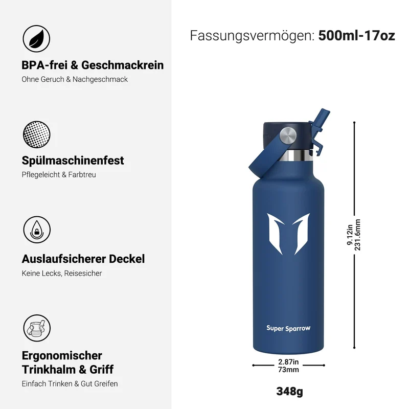 Sparrow Trinkflasche Edelstahl 500ml/750ml/1L/1.2L Thermosflasche Strohhalm