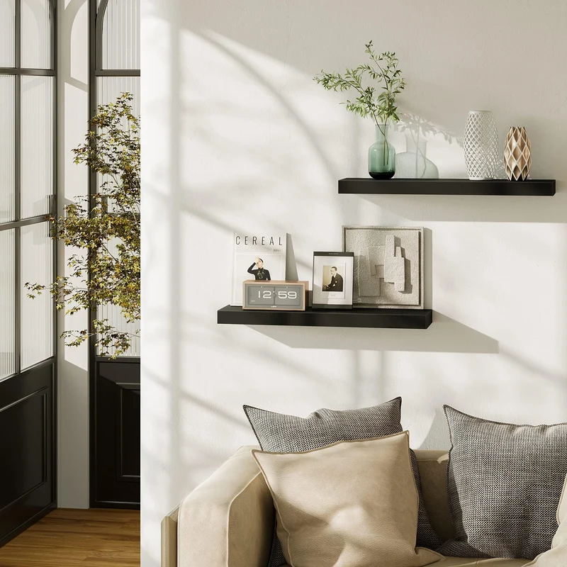 BAMEOS Schwebregale, Wandregale, Dekorative Wandmontierte Regale, Set von 2 mit, 60cm Wanddeko für Bad, Küche, Wohnzimmer und Schlafzimmer (Schwarz)