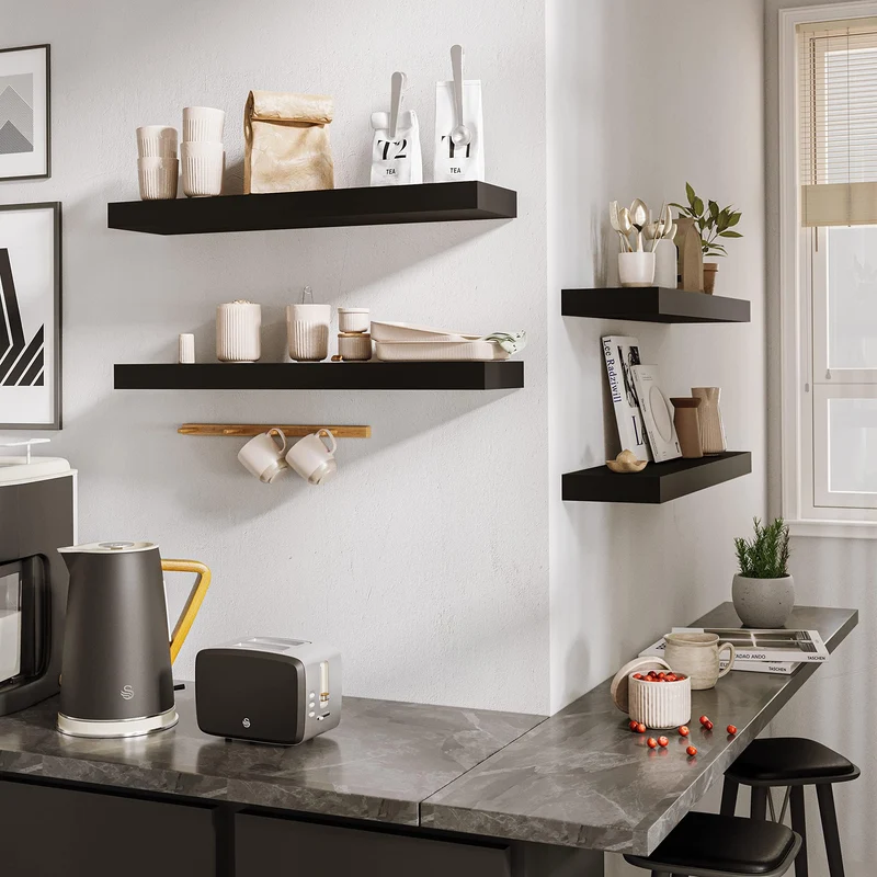 BAMEOS Schwebregale, Wandregale, Dekorative Wandmontierte Regale, Set von 2 mit, 60cm Wanddeko für Bad, Küche, Wohnzimmer und Schlafzimmer (Schwarz)