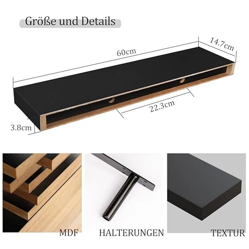 BAMEOS Schwebregale, Wandregale, Dekorative Wandmontierte Regale, Set von 2 mit, 60cm Wanddeko für Bad, Küche, Wohnzimmer und Schlafzimmer (Schwarz)