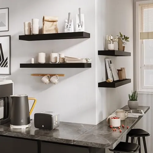 BAMEOS Schwebregale, Wandregale, Dekorative Wandmontierte Regale, Set von 2 mit, 60cm Wanddeko für Bad, Küche, Wohnzimmer und Schlafzimmer (Schwarz)
