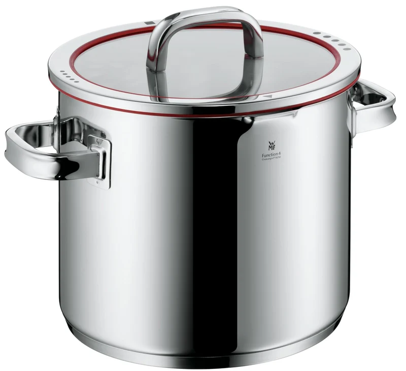WMF Function 4 Gemüse- Suppentopf Induktion 24cm, Glasdeckel, Kochtopf groß 8,8l, Cromargan Edelstahl poliert, 4 Abgießfunktionen, Innenskalierung, Nudeltopf rot