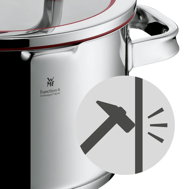 WMF Function 4 Gemüse- Suppentopf Induktion 24cm, Glasdeckel, Kochtopf groß 8,8l, Cromargan Edelstahl poliert, 4 Abgießfunktionen, Innenskalierung, Nudeltopf rot