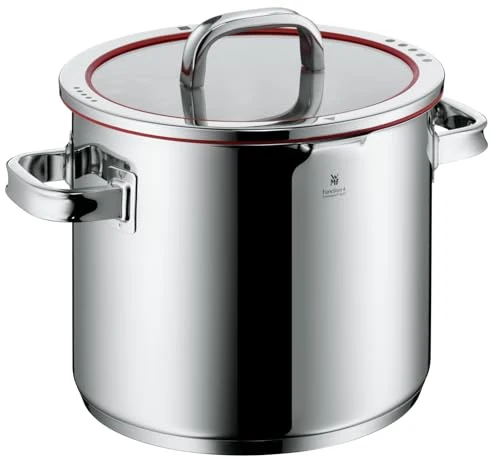 WMF Function 4 Gemüse- Suppentopf Induktion 24cm, Glasdeckel, Kochtopf groß 8,8l, Cromargan Edelstahl poliert, 4 Abgießfunktionen, Innenskalierung, Nudeltopf rot