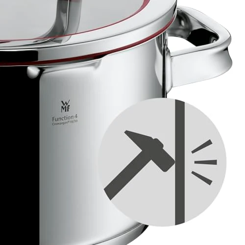 WMF Function 4 Gemüse- Suppentopf Induktion 24cm, Glasdeckel, Kochtopf groß 8,8l, Cromargan Edelstahl poliert, 4 Abgießfunktionen, Innenskalierung, Nudeltopf rot