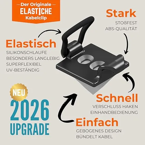 [Hergestellt im UK] 10-Stück verstellbare Selbstklebende Elastische Kabelhalter, Kabelmanagement Organizer für Büro, Zuhause, unter Schreibtisch, hinter TV, HDMI, Laptop/PC/Handy Ladekabel (Schwartz)