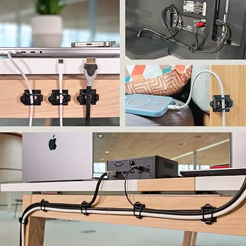 [Hergestellt im UK] 10-Stück verstellbare Selbstklebende Elastische Kabelhalter, Kabelmanagement Organizer für Büro, Zuhause, unter Schreibtisch, hinter TV, HDMI, Laptop/PC/Handy Ladekabel (Schwartz)