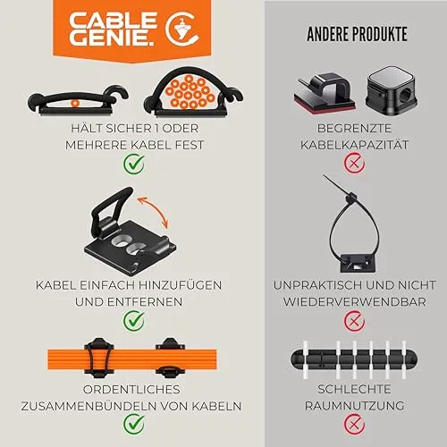 [Hergestellt im UK] 10-Stück verstellbare Selbstklebende Elastische Kabelhalter, Kabelmanagement Organizer für Büro, Zuhause, unter Schreibtisch, hinter TV, HDMI, Laptop/PC/Handy Ladekabel (Schwartz)