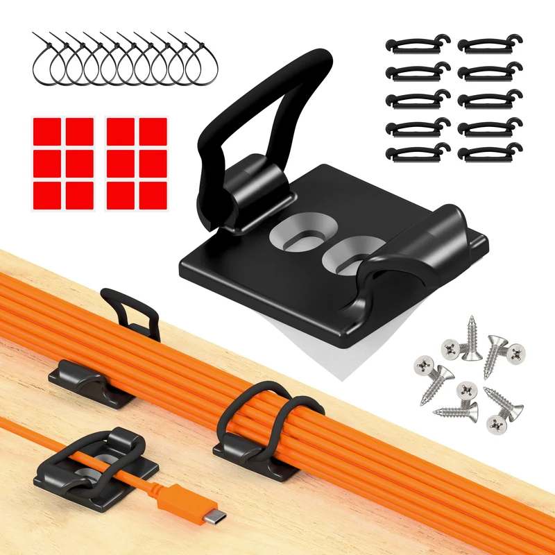 [Hergestellt im UK] 10-Stück verstellbare Selbstklebende Elastische Kabelhalter, Kabelmanagement Organizer für Büro, Zuhause, unter Schreibtisch, hinter TV, HDMI, Laptop/PC/Handy Ladekabel (Schwartz)