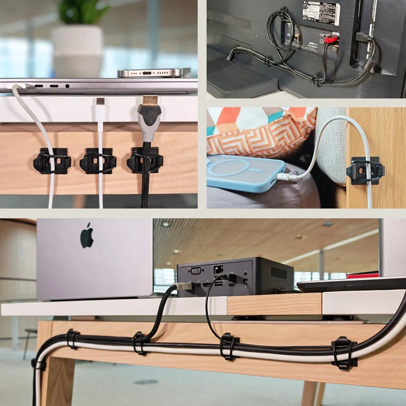 [Hergestellt im UK] 10-Stück verstellbare Selbstklebende Elastische Kabelhalter, Kabelmanagement Organizer für Büro, Zuhause, unter Schreibtisch, hinter TV, HDMI, Laptop/PC/Handy Ladekabel (Schwartz)