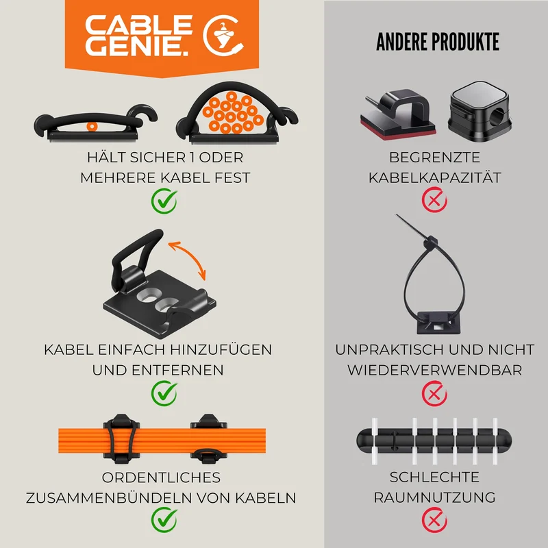 [Hergestellt im UK] 10-Stück verstellbare Selbstklebende Elastische Kabelhalter, Kabelmanagement Organizer für Büro, Zuhause, unter Schreibtisch, hinter TV, HDMI, Laptop/PC/Handy Ladekabel (Schwartz)
