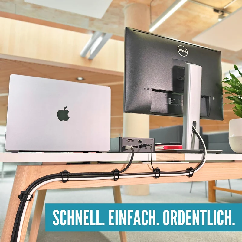 [Hergestellt im UK] 10-Stück verstellbare Selbstklebende Elastische Kabelhalter, Kabelmanagement Organizer für Büro, Zuhause, unter Schreibtisch, hinter TV, HDMI, Laptop/PC/Handy Ladekabel (Schwartz)