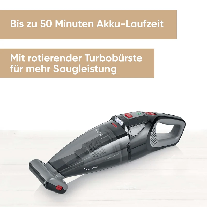 SEVERIN Akku Handstaubsauger kabellos, 18,5 V, 50 Min Laufzeit, Nass- und Trockensauger mit LED-Akku, rotierender Turbobürste und Tragetasche, für Auto, Camping und Tierhaare, HV 7147