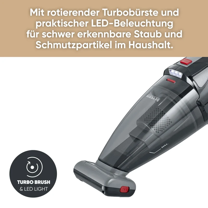 SEVERIN Akku Handstaubsauger kabellos, 18,5 V, 50 Min Laufzeit, Nass- und Trockensauger mit LED-Akku, rotierender Turbobürste und Tragetasche, für Auto, Camping und Tierhaare, HV 7147