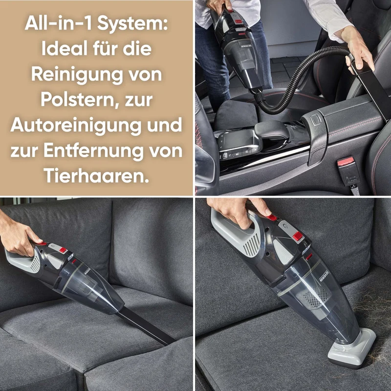 SEVERIN Akku Handstaubsauger kabellos, 18,5 V, 50 Min Laufzeit, Nass- und Trockensauger mit LED-Akku, rotierender Turbobürste und Tragetasche, für Auto, Camping und Tierhaare, HV 7147