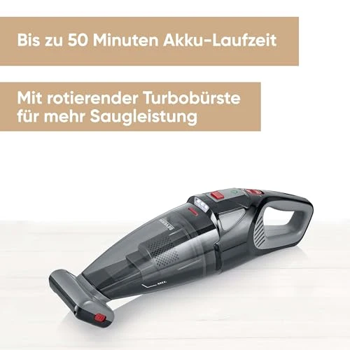 SEVERIN Akku Handstaubsauger kabellos, 18,5 V, 50 Min Laufzeit, Nass- und Trockensauger mit LED-Akku, rotierender Turbobürste und Tragetasche, für Auto, Camping und Tierhaare, HV 7147