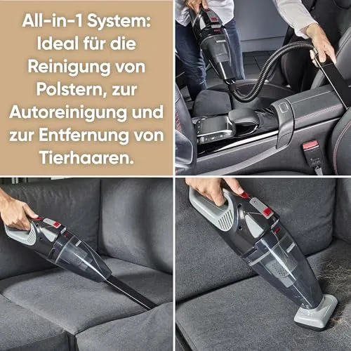 SEVERIN Akku Handstaubsauger kabellos, 18,5 V, 50 Min Laufzeit, Nass- und Trockensauger mit LED-Akku, rotierender Turbobürste und Tragetasche, für Auto, Camping und Tierhaare, HV 7147