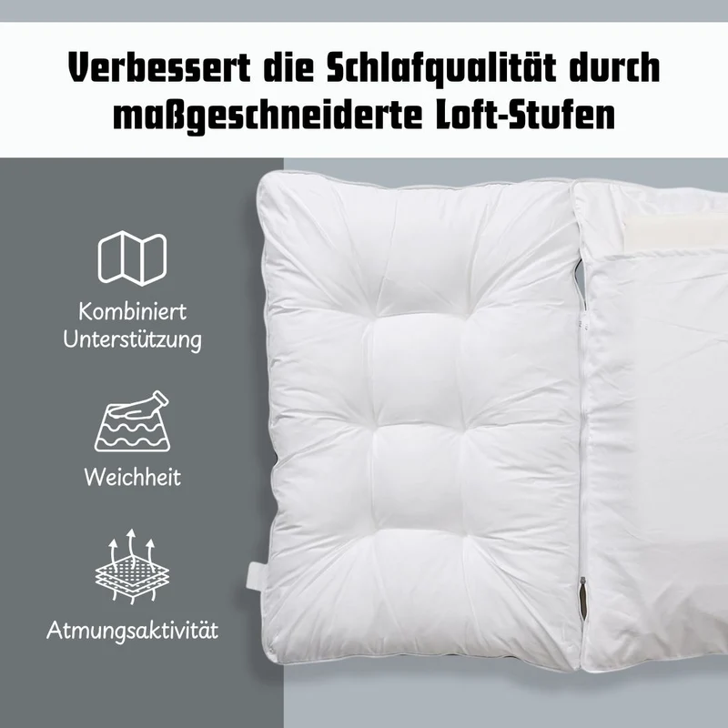SERENITY NIGHT Weltpremiere: 5-in-1-Kissen mit echtem Daunen, Kunstdaunen und Memory-Schaum, 50x75cm