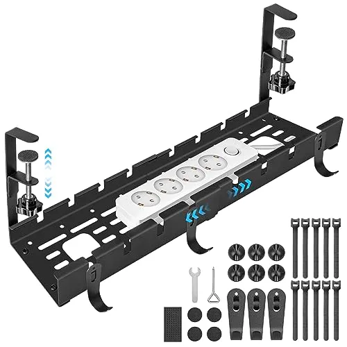 GUOOUG Kabelkanal Schreibtisch Schwarz Ohne Bohren, Einziehbar 28,5-55CM Kabelmanagement Schreibtisch, Verstellbarer Metall Kabelhalter Kabelwanne Kabel Organizer Tisch, Kabelkorb