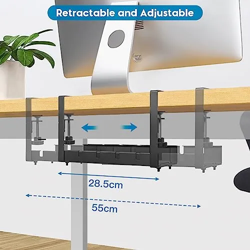 GUOOUG Kabelkanal Schreibtisch Schwarz Ohne Bohren, Einziehbar 28,5-55CM Kabelmanagement Schreibtisch, Verstellbarer Metall Kabelhalter Kabelwanne Kabel Organizer Tisch, Kabelkorb