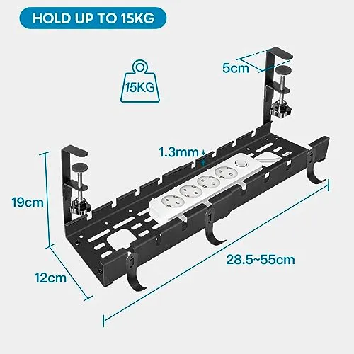 GUOOUG Kabelkanal Schreibtisch Schwarz Ohne Bohren, Einziehbar 28,5-55CM Kabelmanagement Schreibtisch, Verstellbarer Metall Kabelhalter Kabelwanne Kabel Organizer Tisch, Kabelkorb