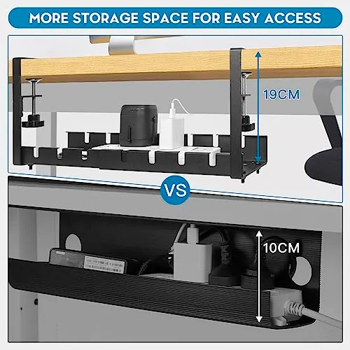 GUOOUG Kabelkanal Schreibtisch Schwarz Ohne Bohren, Einziehbar 28,5-55CM Kabelmanagement Schreibtisch, Verstellbarer Metall Kabelhalter Kabelwanne Kabel Organizer Tisch, Kabelkorb