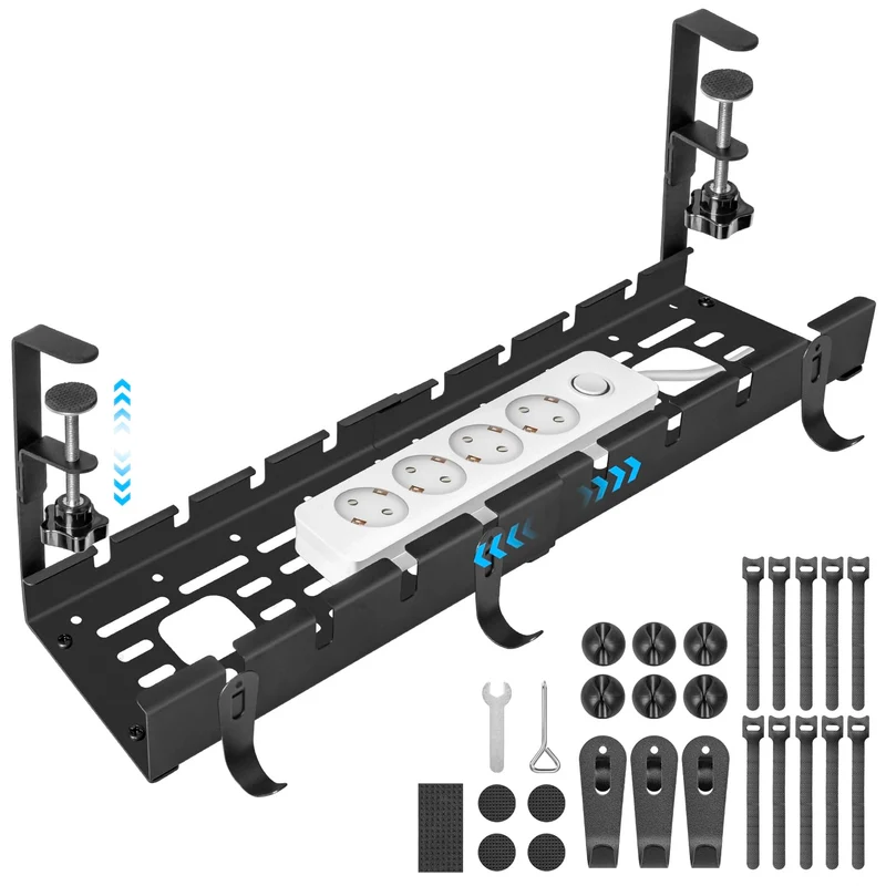GUOOUG Kabelkanal Schreibtisch Schwarz Ohne Bohren, Einziehbar 28,5-55CM Kabelmanagement Schreibtisch, Verstellbarer Metall Kabelhalter Kabelwanne Kabel Organizer Tisch, Kabelkorb