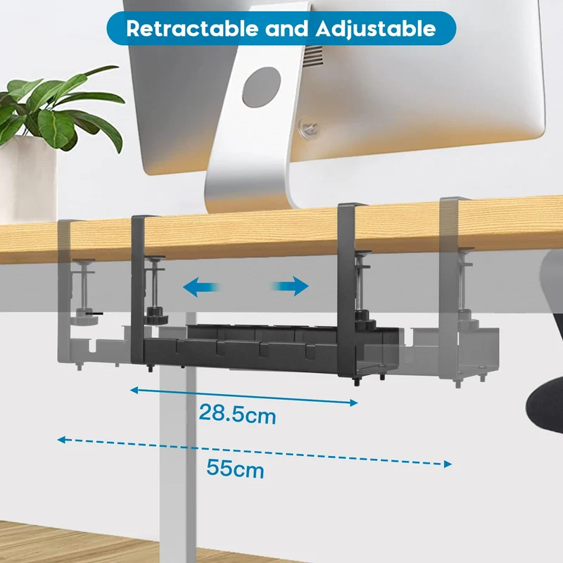 GUOOUG Kabelkanal Schreibtisch Schwarz Ohne Bohren, Einziehbar 28,5-55CM Kabelmanagement Schreibtisch, Verstellbarer Metall Kabelhalter Kabelwanne Kabel Organizer Tisch, Kabelkorb