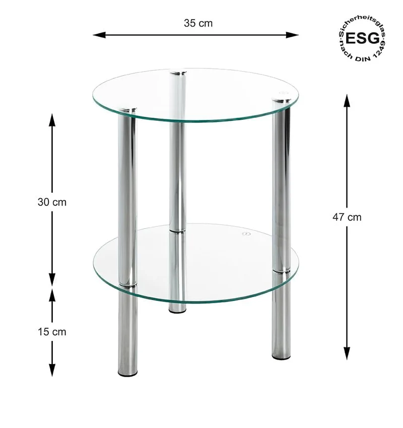 HAKU Beistelltisch rund Chrom, Metall Sicherheitsglas Sofatisch mit Glasplatte - Maße: H 47 cm x Ø 35 cm, Style: Modern