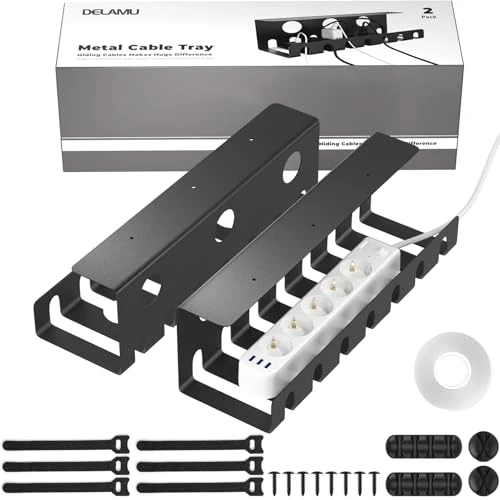 Delamu Kabelkanal Schreibtisch für Kabel Management, 2er Set Metall Kabel Organizer Schreibtisch, Tisch Kabelführung Selbstklebend & Verschraubbar - Inkl. Zubehör, Cable Organizer
