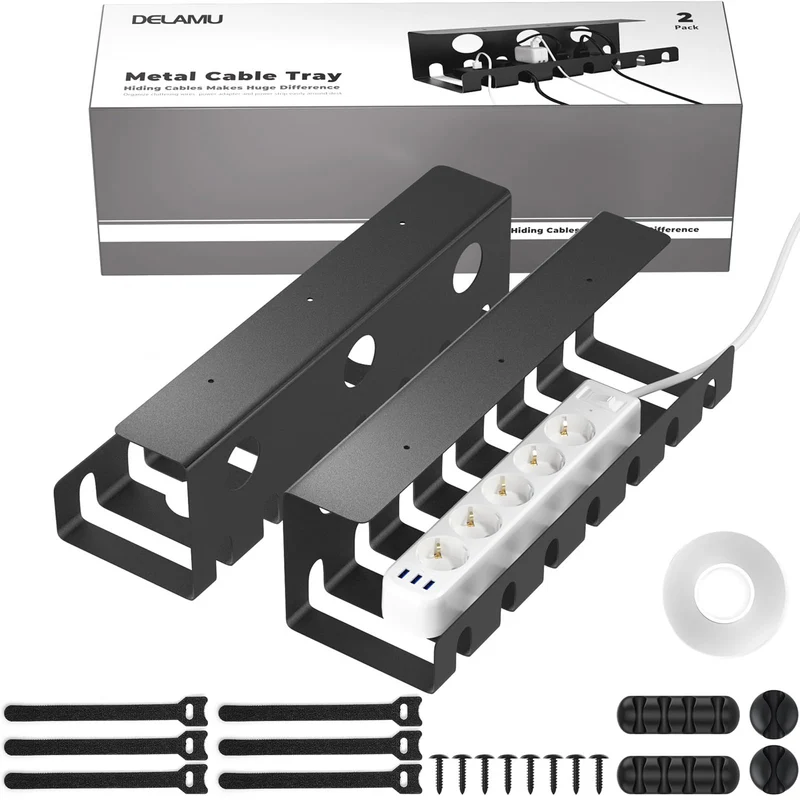 Delamu Kabelkanal Schreibtisch für Kabel Management, 2er Set Metall Kabel Organizer Schreibtisch, Tisch Kabelführung Selbstklebend & Verschraubbar - Inkl. Zubehör, Cable Organizer
