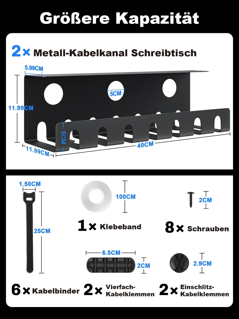 Delamu Kabelkanal Schreibtisch für Kabel Management, 2er Set Metall Kabel Organizer Schreibtisch, Tisch Kabelführung Selbstklebend & Verschraubbar - Inkl. Zubehör, Cable Organizer