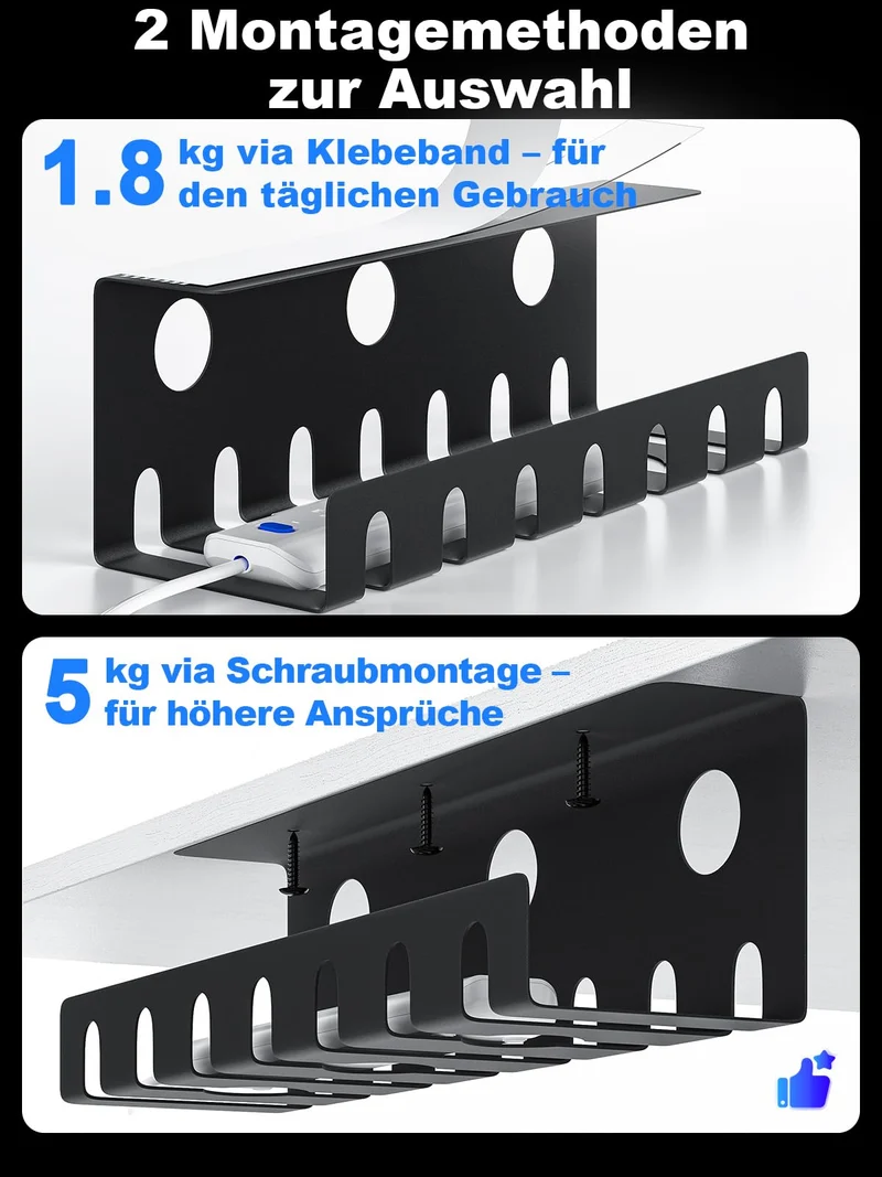 Delamu Kabelkanal Schreibtisch für Kabel Management, 2er Set Metall Kabel Organizer Schreibtisch, Tisch Kabelführung Selbstklebend & Verschraubbar - Inkl. Zubehör, Cable Organizer