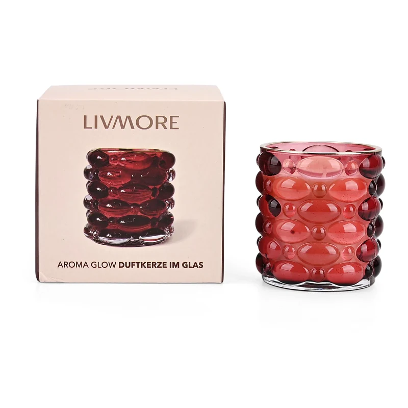 LIVMORE - Duftkerze im strukturierten Glas, 48 Std. Brenndauer, 280g, 8,4 ml ätherisches Öl, Pink Champagner, 48 Std. Brenndauer, Rot