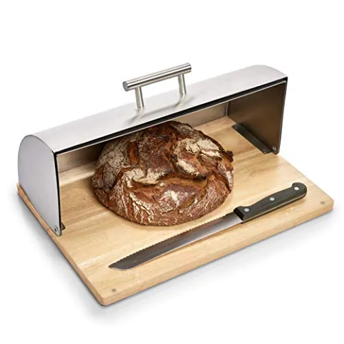 Zeller 20475 Brotkasten, Edelstahl/Gummibaum, ca. 39,5x28x16 cm, Brotkasten mit Schiebedeckel, Brotbehälter,