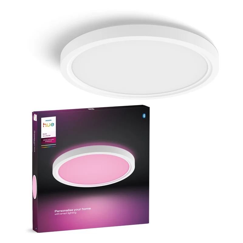 Philips Hue Devote Smart LED-Panel-Licht, weißes und farbiges Ambiente, rund 30 cm, 16,6 W, 2000 Lumen, weißer Rahmen für Innenbeleuchtung, Decke, Wohnzimmer, Küche, Flur