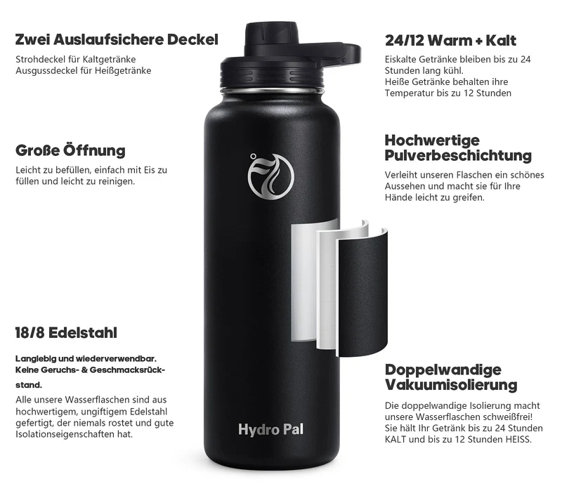HydroPal 750ml Edelstahl Isolierflasche,Trinkflasche mit Strohhalm 2 Deckel