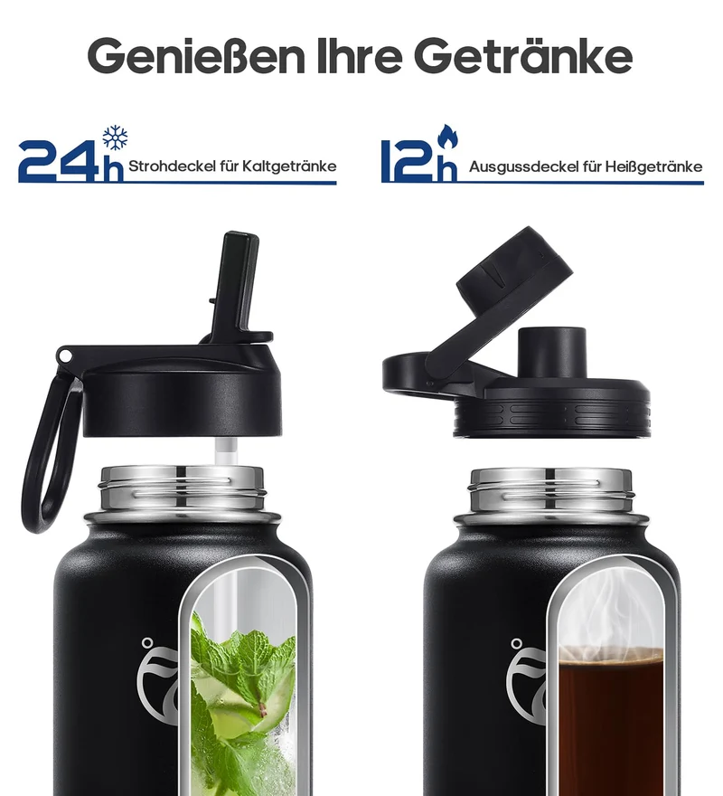 HydroPal 750ml Edelstahl Isolierflasche,Trinkflasche mit Strohhalm 2 Deckel