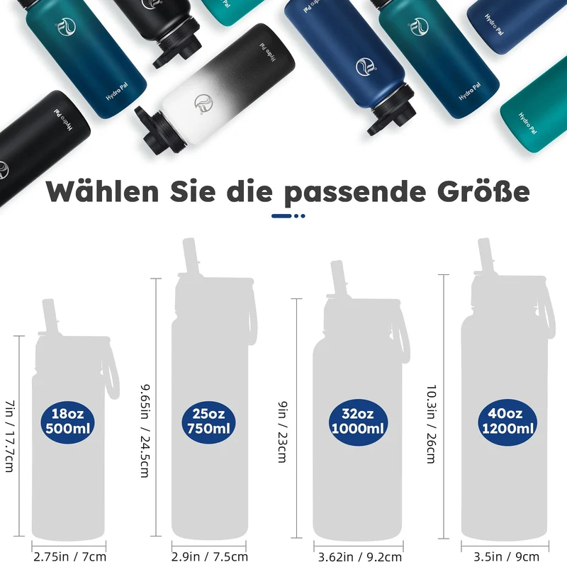 HydroPal 750ml Edelstahl Isolierflasche,Trinkflasche mit Strohhalm 2 Deckel