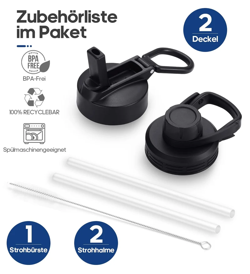 HydroPal 750ml Edelstahl Isolierflasche,Trinkflasche mit Strohhalm 2 Deckel