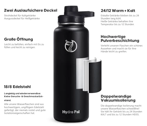 HydroPal 750ml Edelstahl Isolierflasche,Trinkflasche mit Strohhalm 2 Deckel