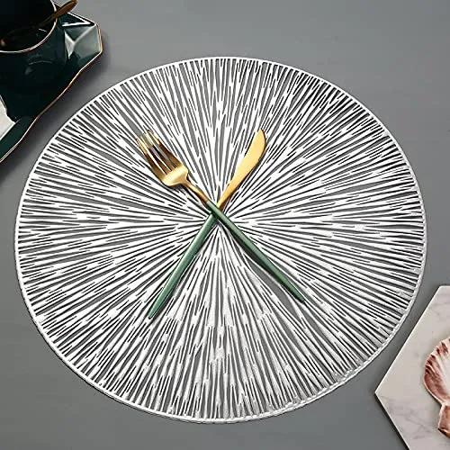 4er Pack Feuerwerk Dekorative PVC Tischsets - Hohl, Hitzebeständig, Rutschfest für Esstisch - Blatt und Runde Form für Wohnküche (Silber)