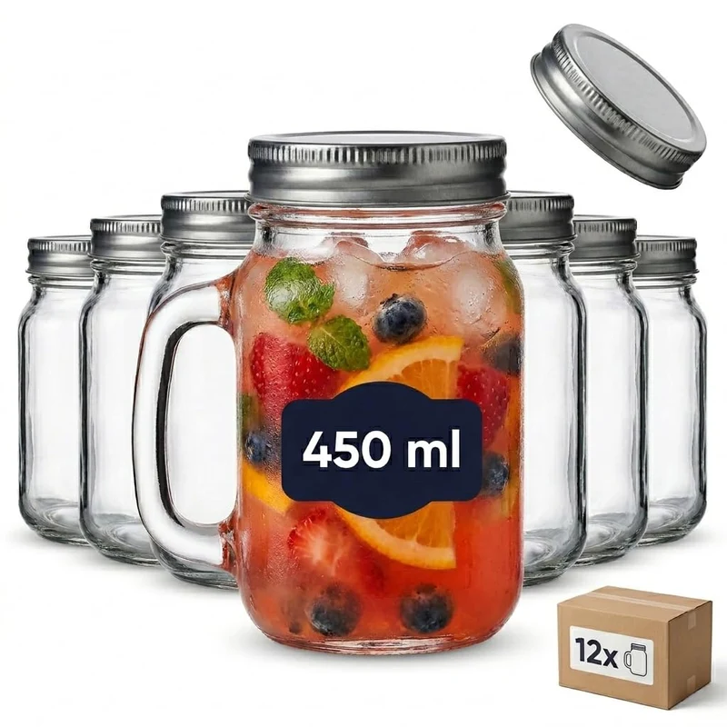 gouveo 12er Set Trinkglas 450 ml (0,45 l) mit Henkel und Deckel mit Schraubdeckel silberfarben – hohe Serviergläser für Wasser, Saft, Limonade, Eistee und Cocktails mit Abdeckung (TGH450S)