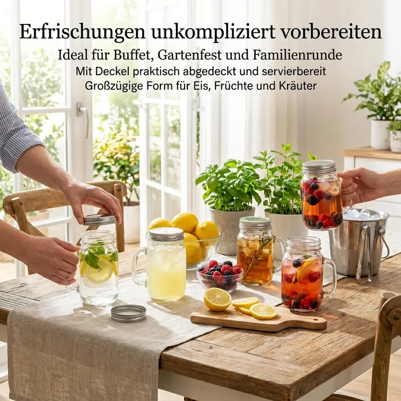 gouveo 12er Set Trinkglas 450 ml (0,45 l) mit Henkel und Deckel mit Schraubdeckel silberfarben – hohe Serviergläser für Wasser, Saft, Limonade, Eistee und Cocktails mit Abdeckung (TGH450S)
