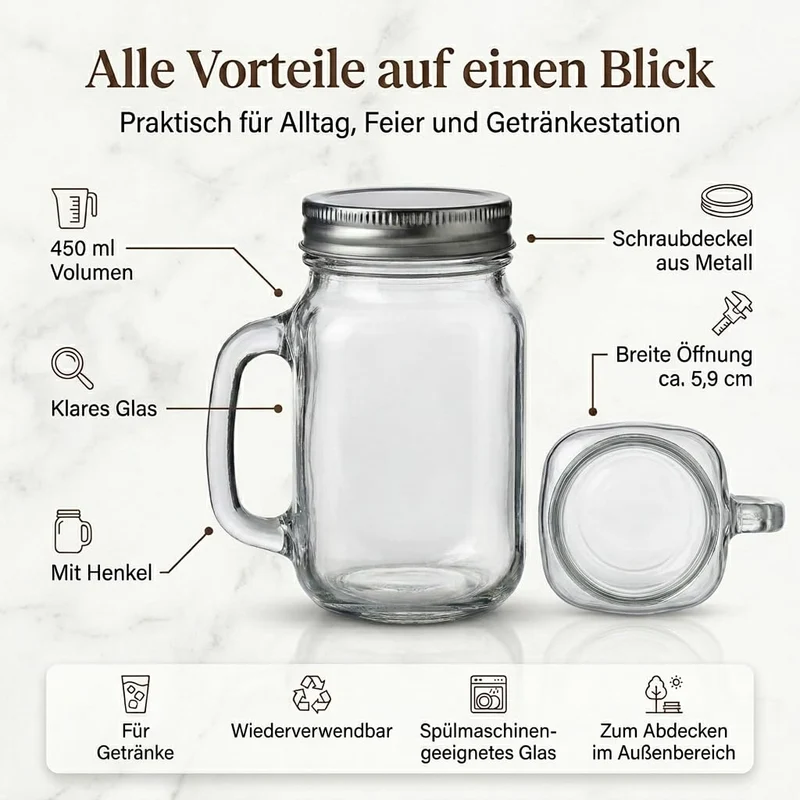 gouveo 12er Set Trinkglas 450 ml (0,45 l) mit Henkel und Deckel mit Schraubdeckel silberfarben – hohe Serviergläser für Wasser, Saft, Limonade, Eistee und Cocktails mit Abdeckung (TGH450S)