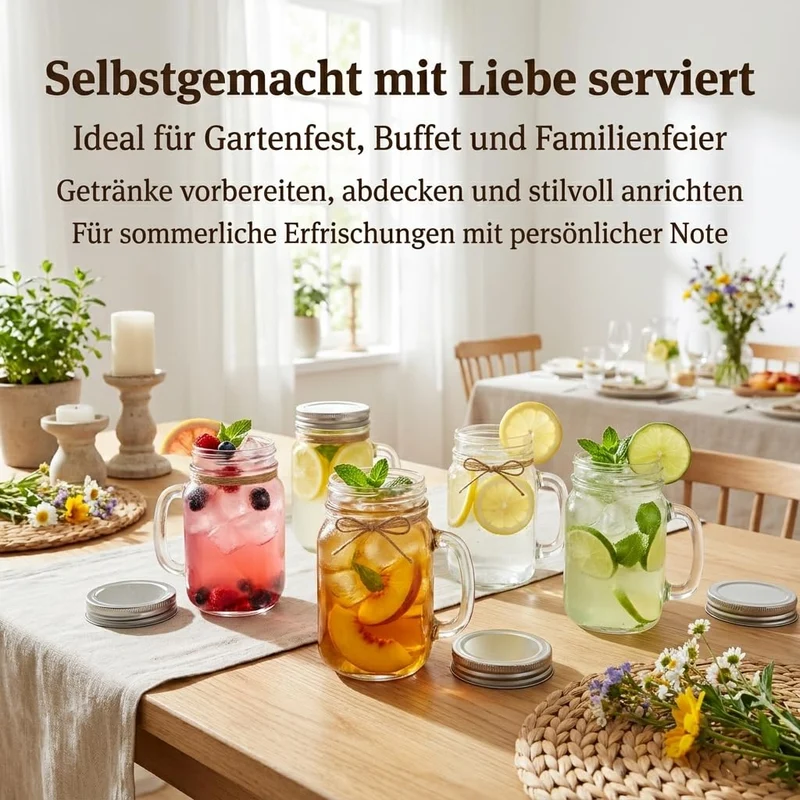 gouveo 12er Set Trinkglas 450 ml (0,45 l) mit Henkel und Deckel mit Schraubdeckel silberfarben – hohe Serviergläser für Wasser, Saft, Limonade, Eistee und Cocktails mit Abdeckung (TGH450S)